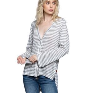 POL Linen Blend Cardigan Top Small Gray Striped Button V-Neck Boho NWOT Comfy